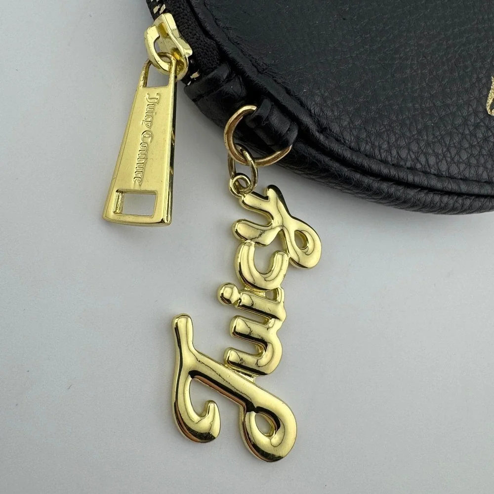 Juicy Couture Black Heart Coin‎ Purse Gold Logo Charm Pebbled Faux Leather Pouch